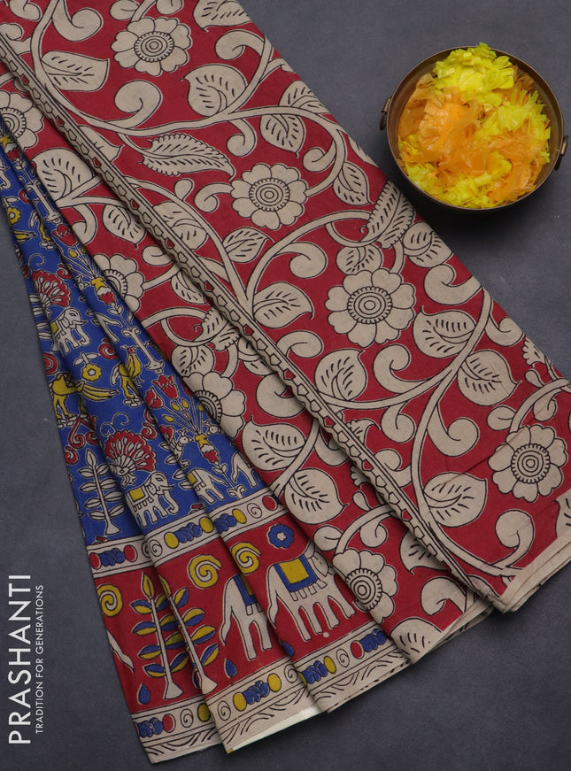 Kalamkari cotton saree blue and maroon with allover prints and printed border