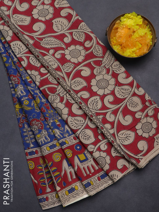 Kalamkari cotton saree blue and maroon with allover prints and printed border