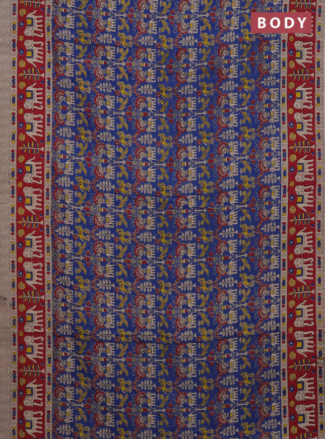 Kalamkari cotton saree blue and maroon with allover prints and printed border