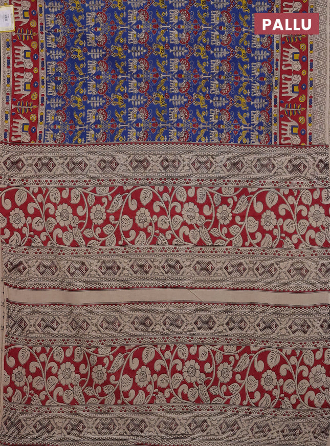 Kalamkari cotton saree blue and maroon with allover prints and printed border