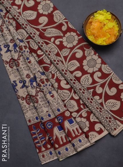 Kalamkari cotton saree beige and maroon with allover prints and printed border