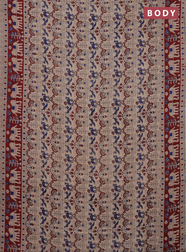 Kalamkari cotton saree beige and maroon with allover prints and printed border