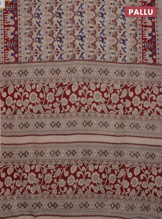 Kalamkari cotton saree beige and maroon with allover prints and printed border