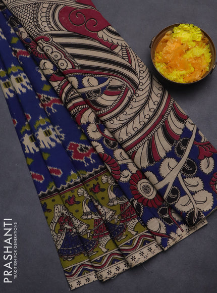 Kalamkari cotton saree blue and mehendi green with allover ikat prints and printed border