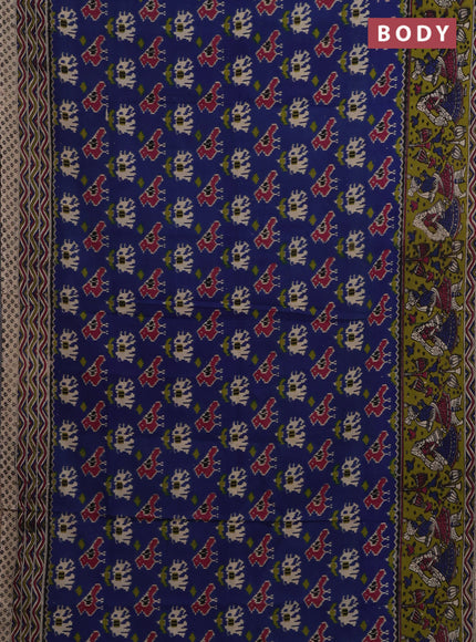 Kalamkari cotton saree blue and mehendi green with allover ikat prints and printed border