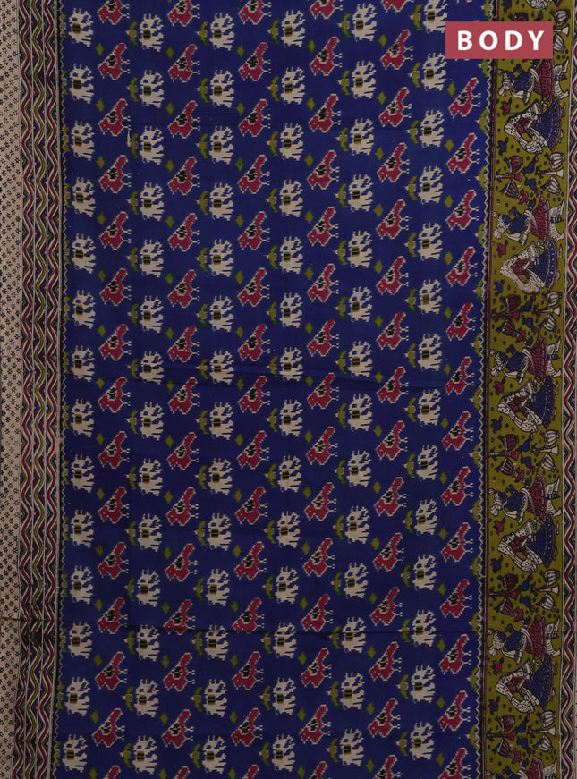 Kalamkari cotton saree blue and mehendi green with allover ikat prints and printed border