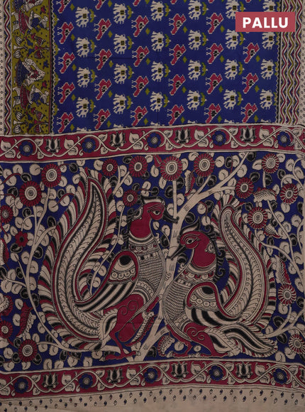 Kalamkari cotton saree blue and mehendi green with allover ikat prints and printed border