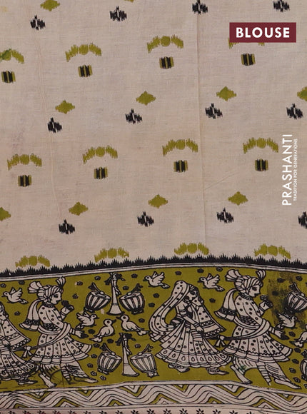 Kalamkari cotton saree blue and mehendi green with allover ikat prints and printed border