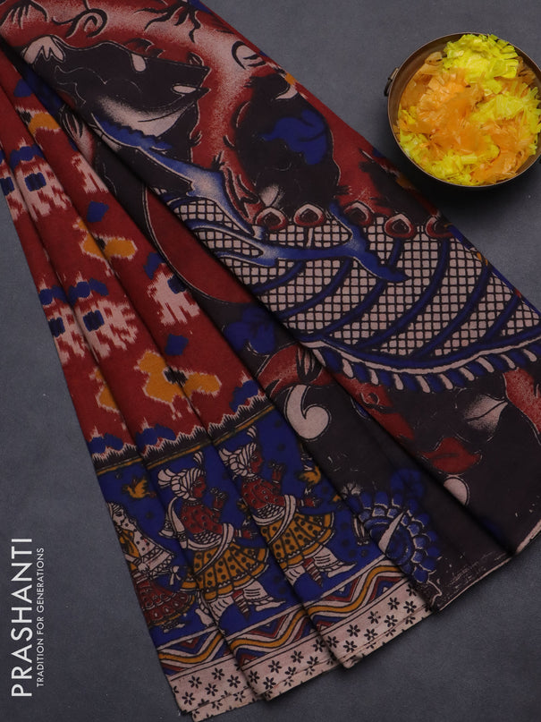 Kalamkari cotton saree maroon and blue with allover ikat prints and printed border
