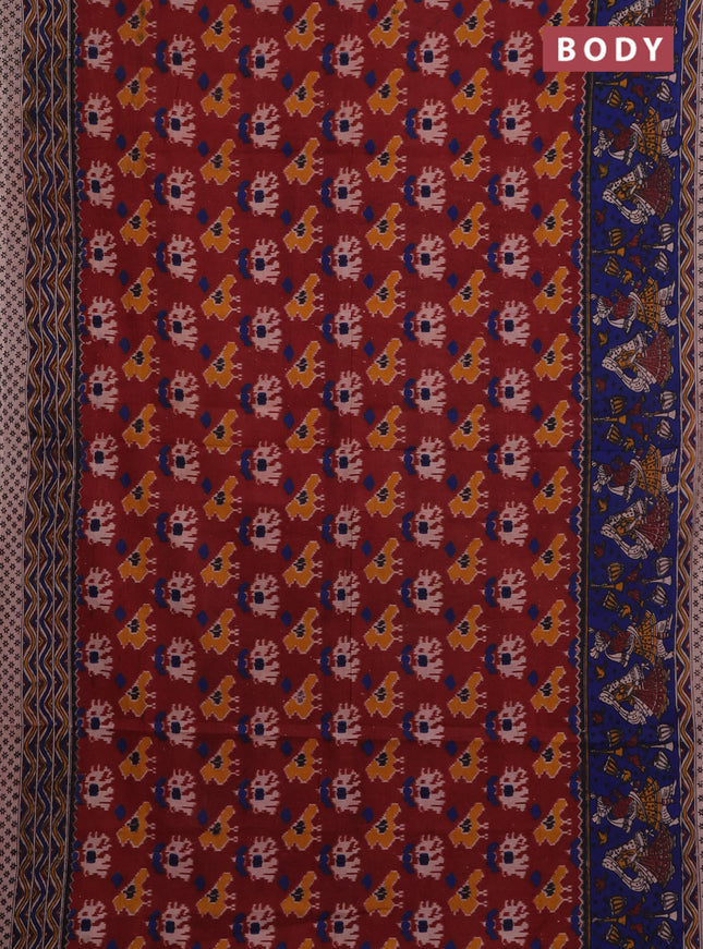 Kalamkari cotton saree maroon and blue with allover ikat prints and printed border