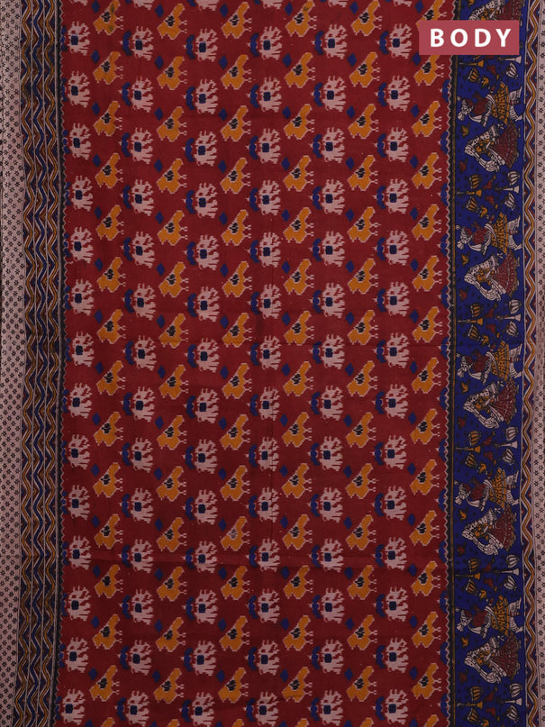 Kalamkari cotton saree maroon and blue with allover ikat prints and printed border