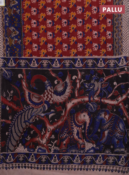 Kalamkari cotton saree maroon and blue with allover ikat prints and printed border