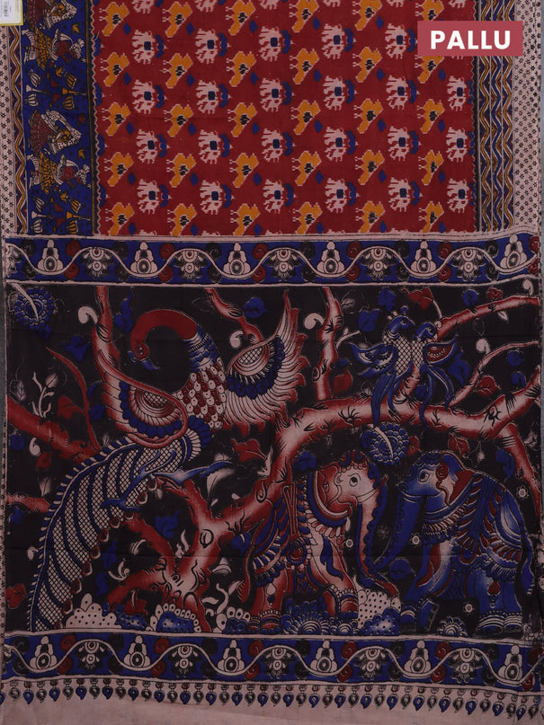 Kalamkari cotton saree maroon and blue with allover ikat prints and printed border