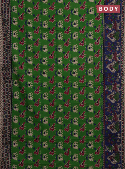 Kalamkari cotton saree green and blue with allover ikat prints and printed border