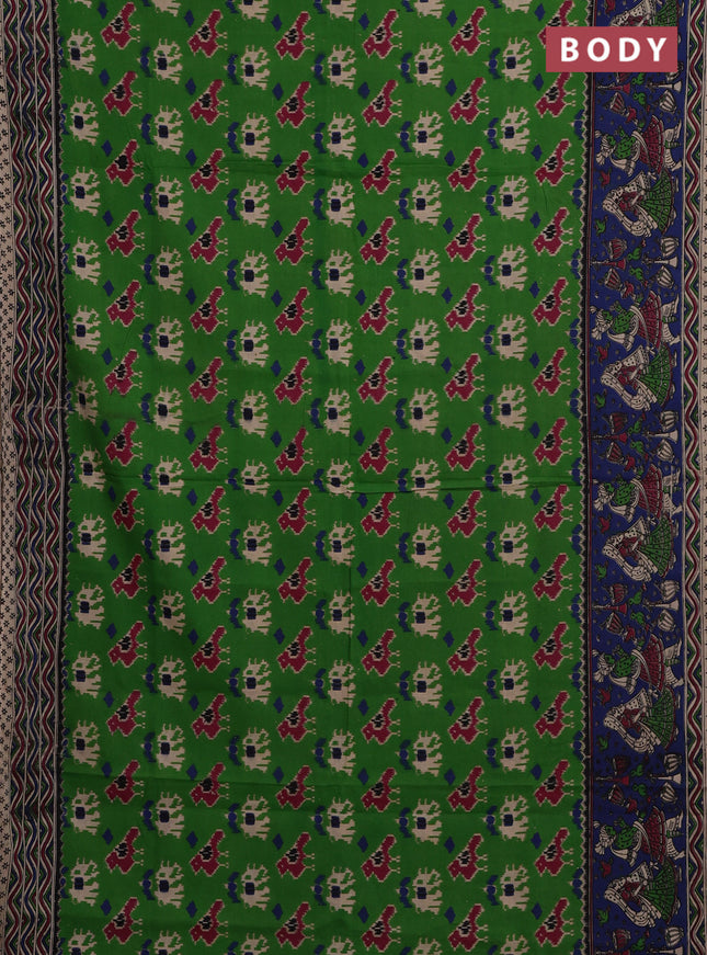 Kalamkari cotton saree green and blue with allover ikat prints and printed border
