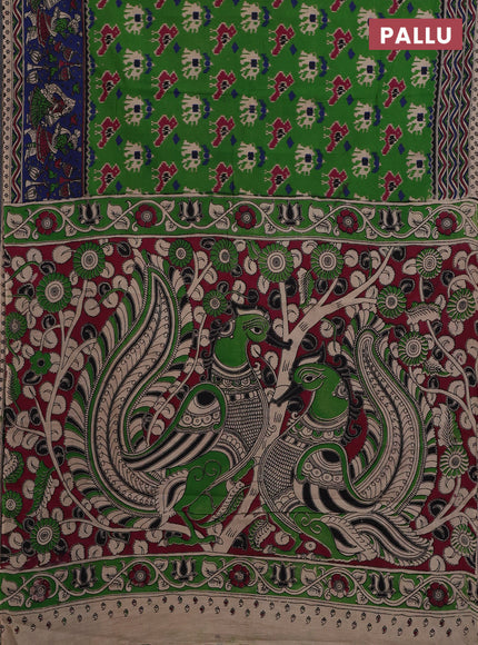 Kalamkari cotton saree green and blue with allover ikat prints and printed border