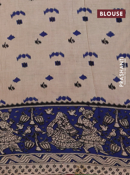 Kalamkari cotton saree green and blue with allover ikat prints and printed border