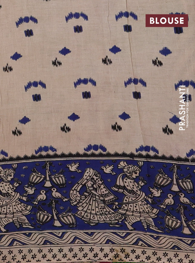 Kalamkari cotton saree green and blue with allover ikat prints and printed border