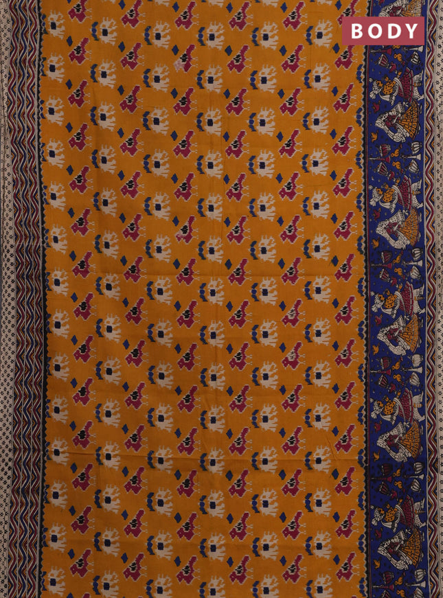 Kalamkari cotton saree mustard yellow and blue with allover ikat prints and printed border