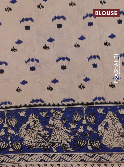 Kalamkari cotton saree mustard yellow and blue with allover ikat prints and printed border