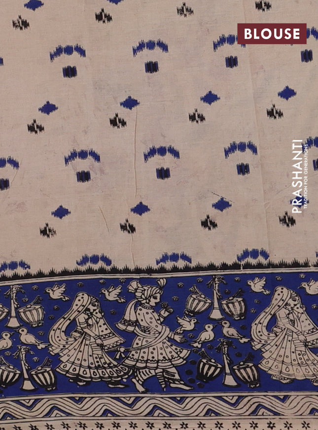 Kalamkari cotton saree mustard yellow and blue with allover ikat prints and printed border