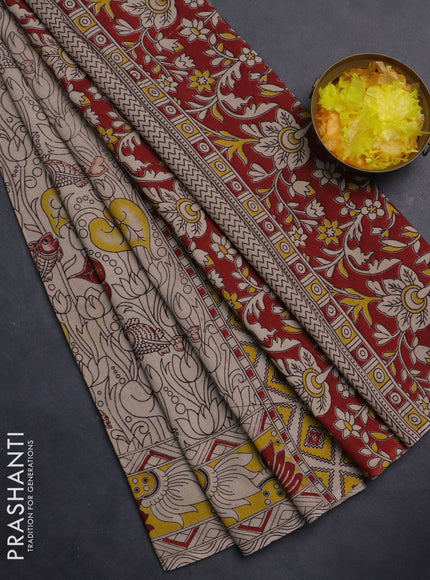 Kalamkari cotton saree beige and yellow with allover pichwai prints and printed border
