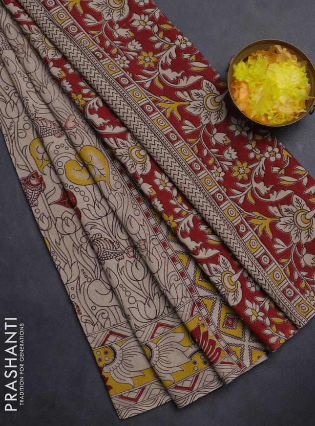 Kalamkari cotton saree beige and yellow with allover pichwai prints and printed border