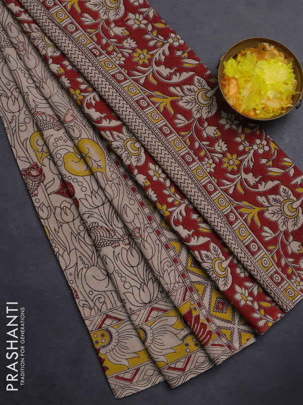 Kalamkari cotton saree beige and yellow with allover pichwai prints and printed border