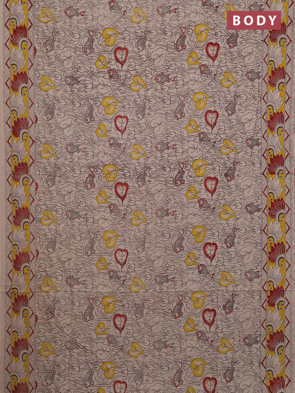 Kalamkari cotton saree beige and yellow with allover pichwai prints and printed border
