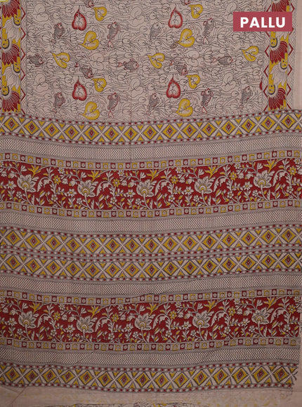 Kalamkari cotton saree beige and yellow with allover pichwai prints and printed border