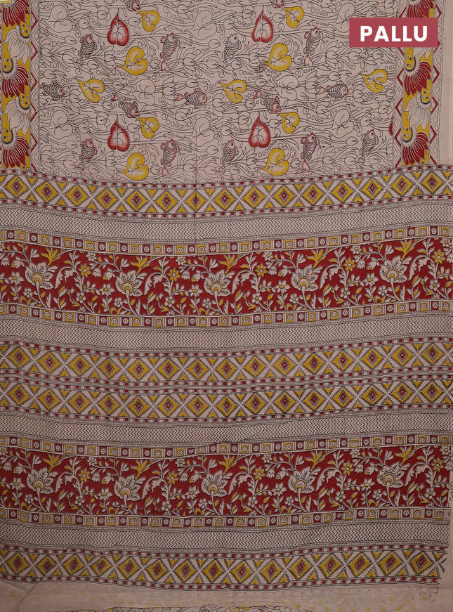 Kalamkari cotton saree beige and yellow with allover pichwai prints and printed border