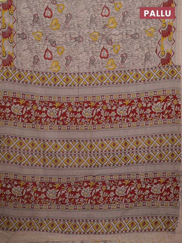 Kalamkari cotton saree beige and yellow with allover pichwai prints and printed border