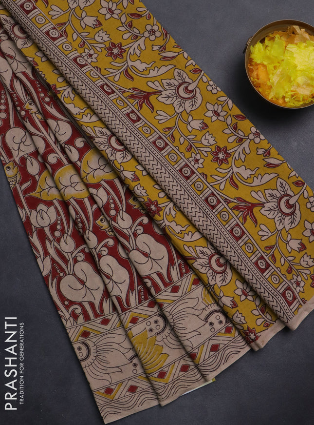 Kalamkari cotton saree maroon and beige with allover pichwai prints and printed border