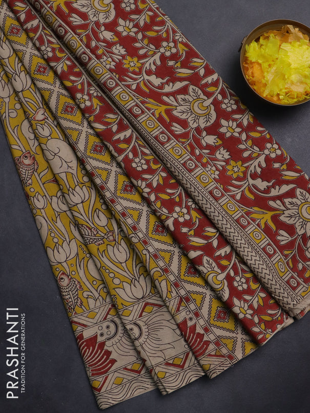 Kalamkari cotton saree yellow and beige with allover pichwai prints and printed border
