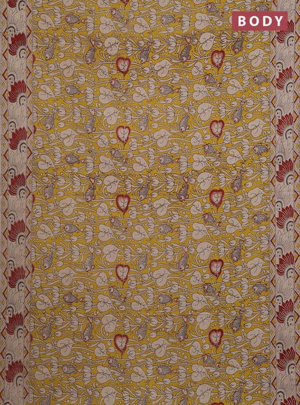 Kalamkari cotton saree yellow and beige with allover pichwai prints and printed border