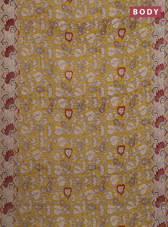 Kalamkari cotton saree yellow and beige with allover pichwai prints and printed border