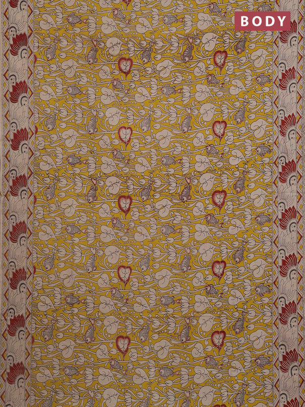 Kalamkari cotton saree yellow and beige with allover pichwai prints and printed border