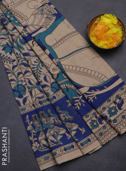 Kalamkari cotton saree beige and blue with allover prints and printed border