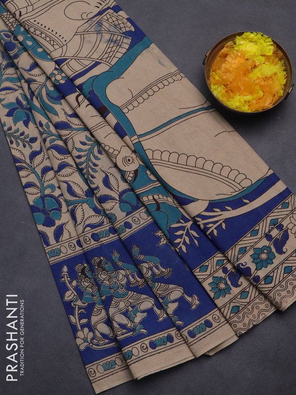 Kalamkari cotton saree beige and blue with allover prints and printed border