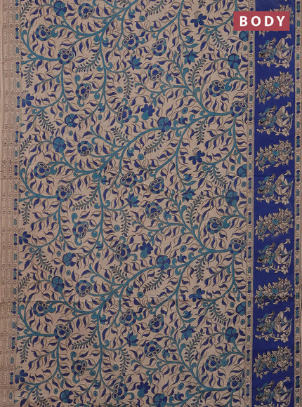 Kalamkari cotton saree beige and blue with allover prints and printed border