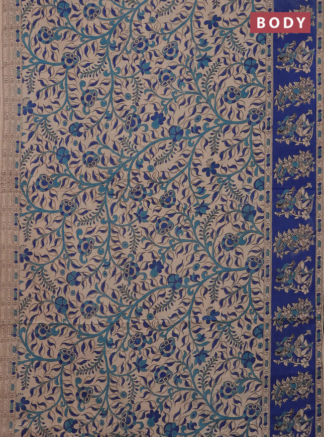 Kalamkari cotton saree beige and blue with allover prints and printed border