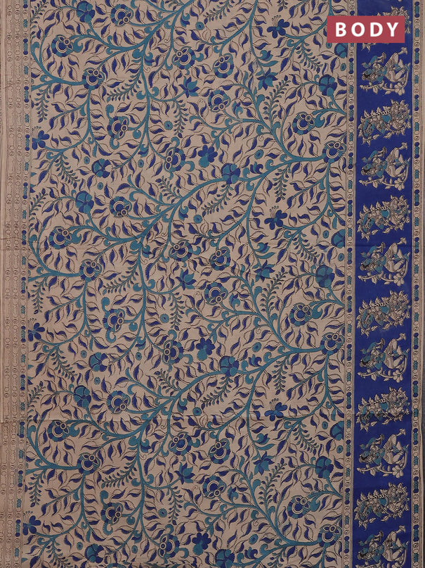 Kalamkari cotton saree beige and blue with allover prints and printed border