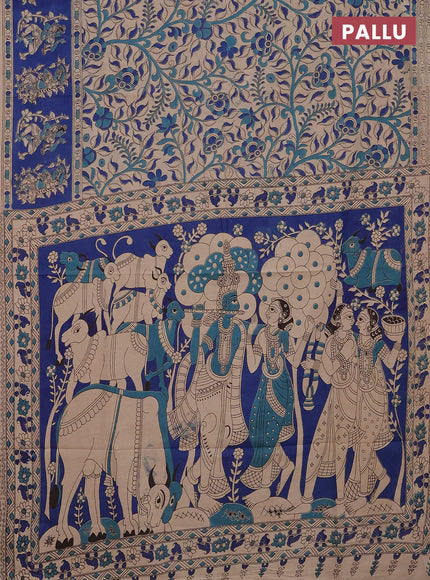 Kalamkari cotton saree beige and blue with allover prints and printed border