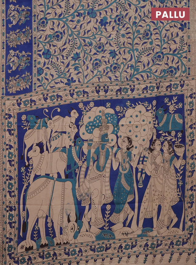 Kalamkari cotton saree beige and blue with allover prints and printed border