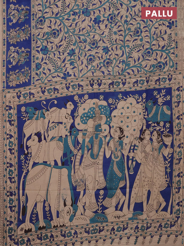 Kalamkari cotton saree beige and blue with allover prints and printed border