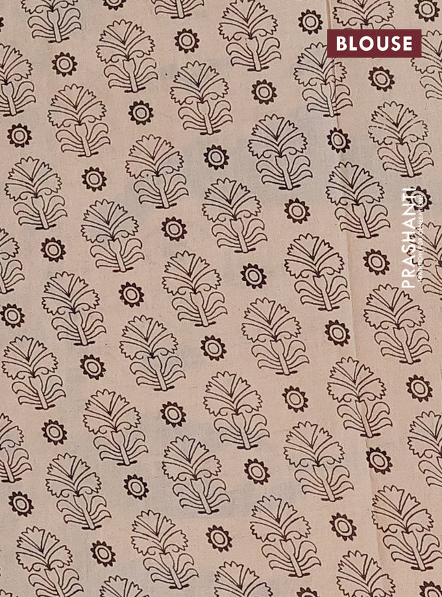 Kalamkari cotton saree beige and blue with allover prints and printed border