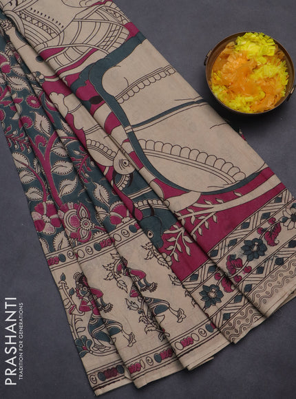 Kalamkari cotton saree grey and beige with allover prints and printed border
