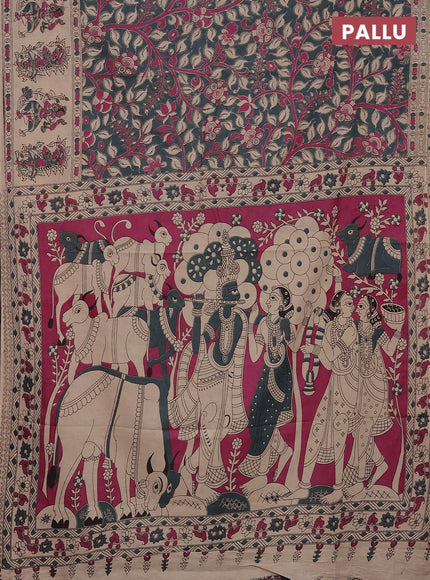 Kalamkari cotton saree grey and beige with allover prints and printed border