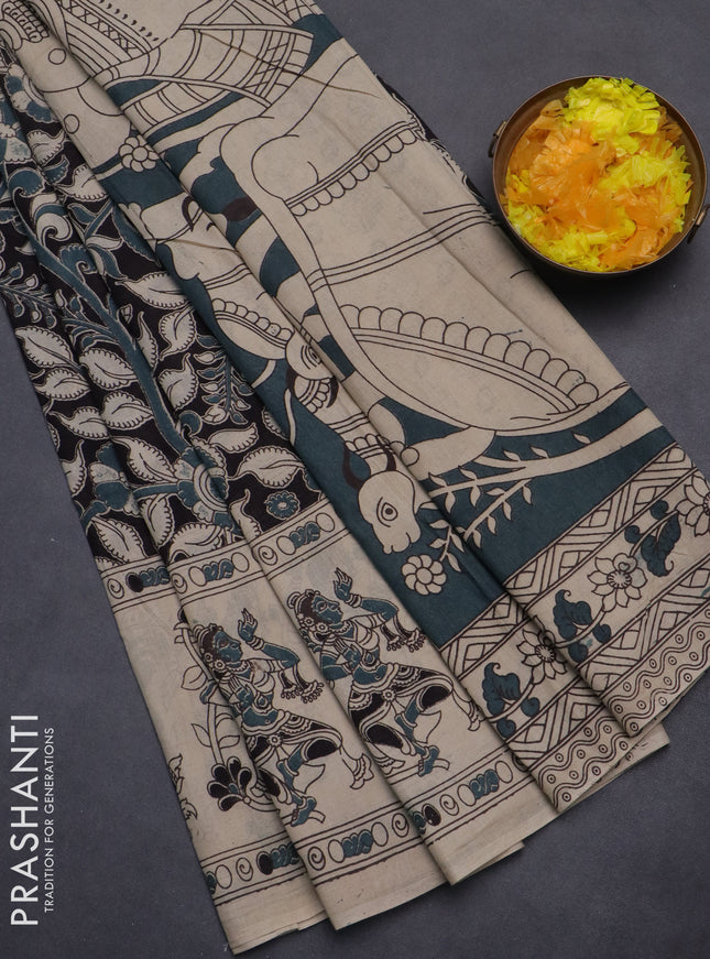 Kalamkari cotton saree black and beige with allover prints and printed border