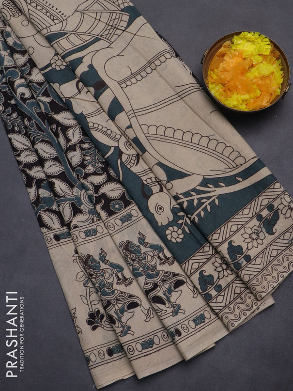 Kalamkari cotton saree black and beige with allover prints and printed border